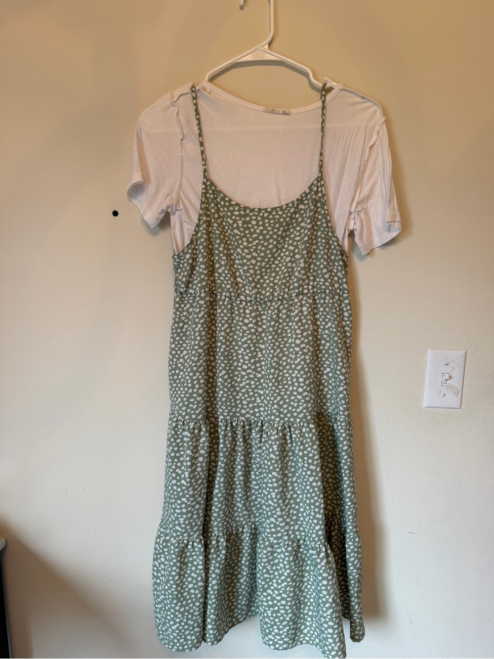 Green Printed Tiered Slip Dress with White Dot Pattern